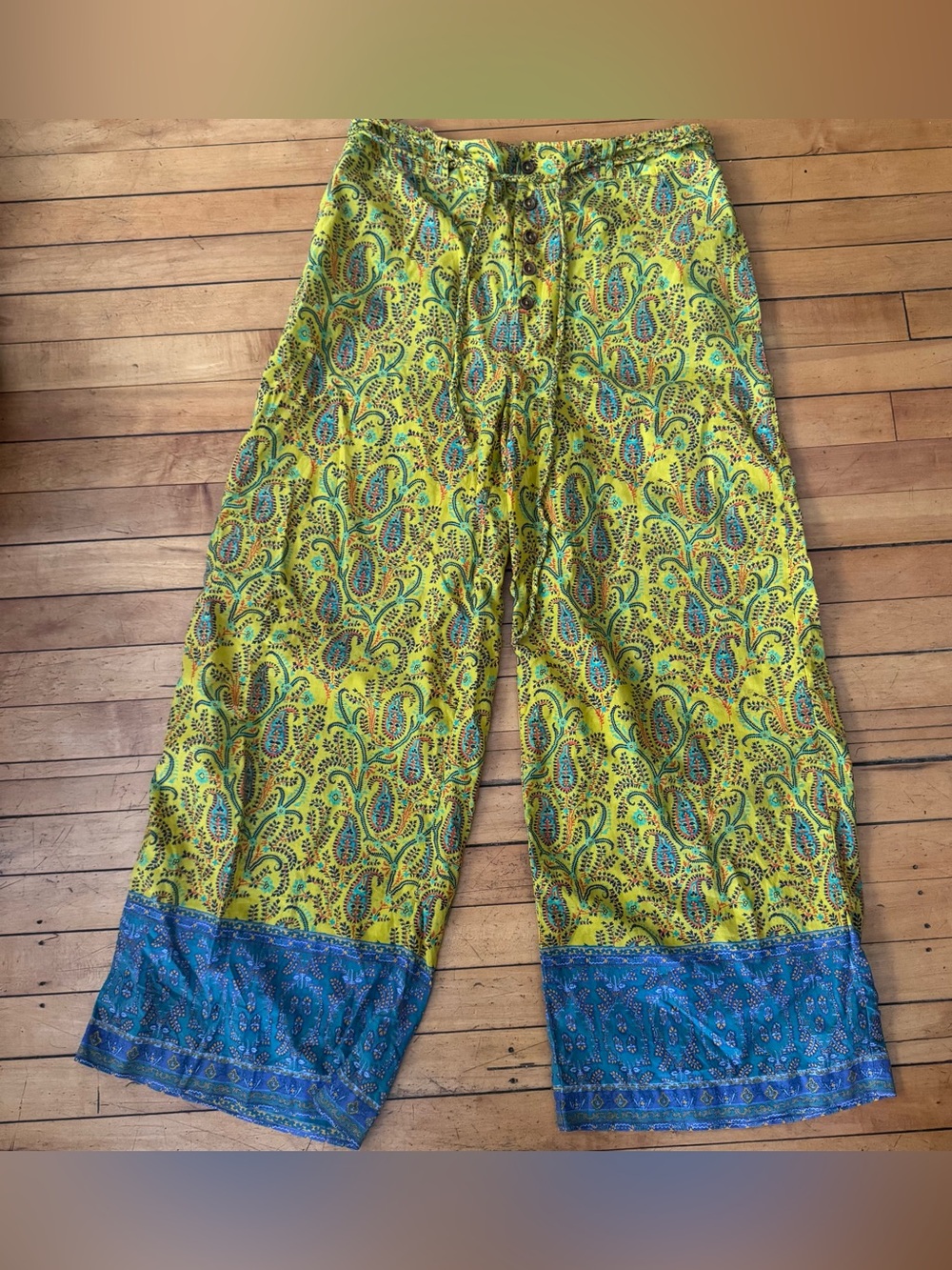 Sundance Floral Yellow and blue lightweight Pants paisley boho tie waist size M
